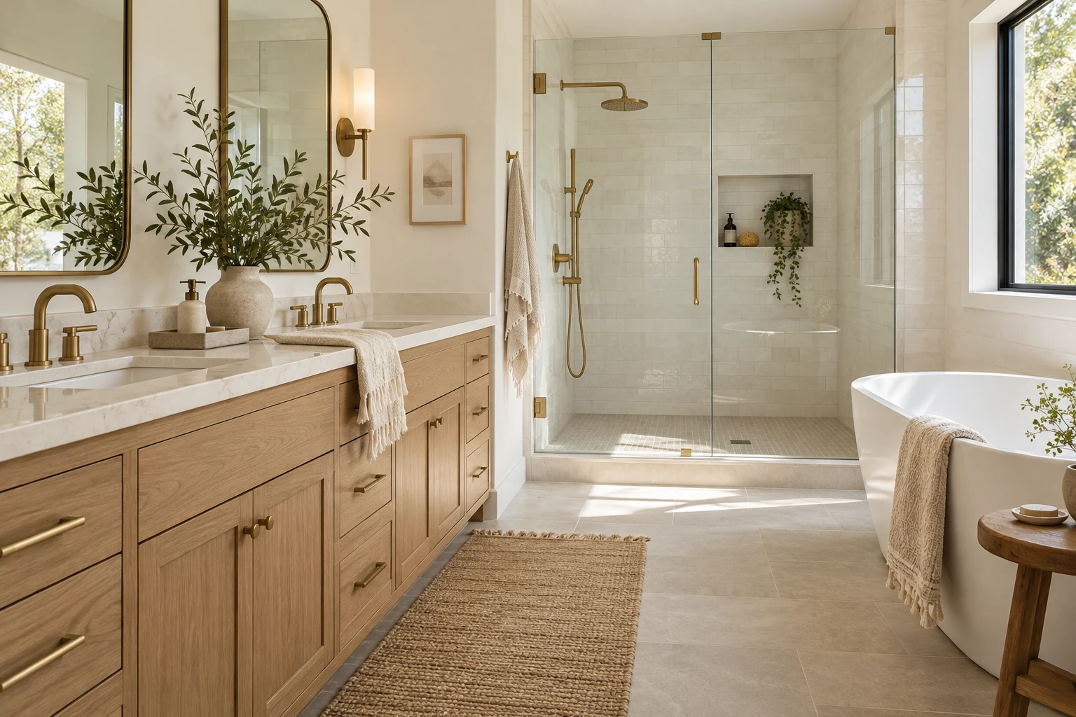 Bathroom design inspiration with warm wood cabinetry and a glass shower